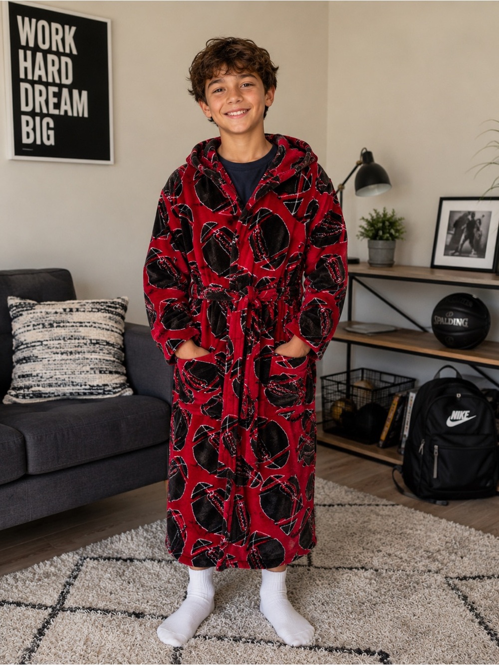 Kids Fleece Sleep Robe – Red Patterned Hooded Bathrobe (Ages 10–12)